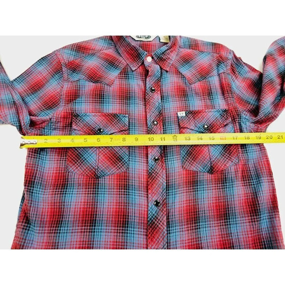Salt Valley Size Medium Men's Red Black Blue Check Pearl Snap Long Sleeve Shirt - Picture 3 of 11